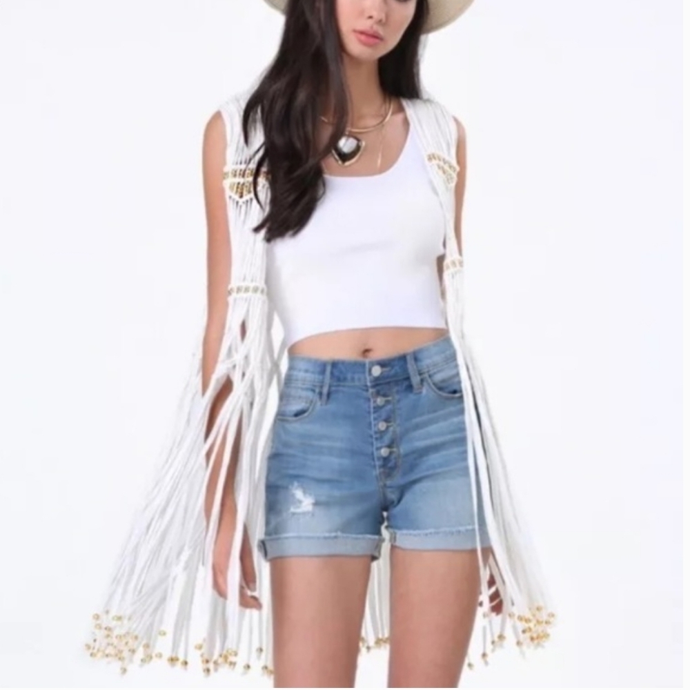 BEBE macrame crochet vest duster beaded festival